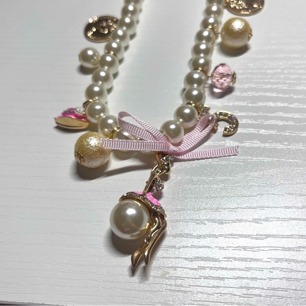 Chunky Long Pearl Beaded Fashion Necklace with Ballerina Pendant & Charms - Picture 5 of 15